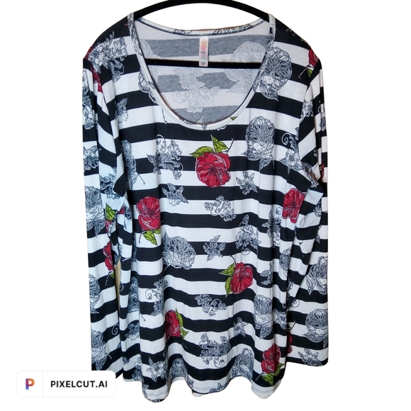 001 LULAROE LONG SLEEVE PLUS TUNIC SHIRT WITH RED ROSES AND BLACK STRIPES, 3XL - Picture 1 of 2